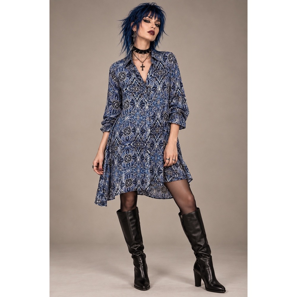 Cupio Medium Blue Mosaic Print Handkerchief Hem Dress Boho Fall